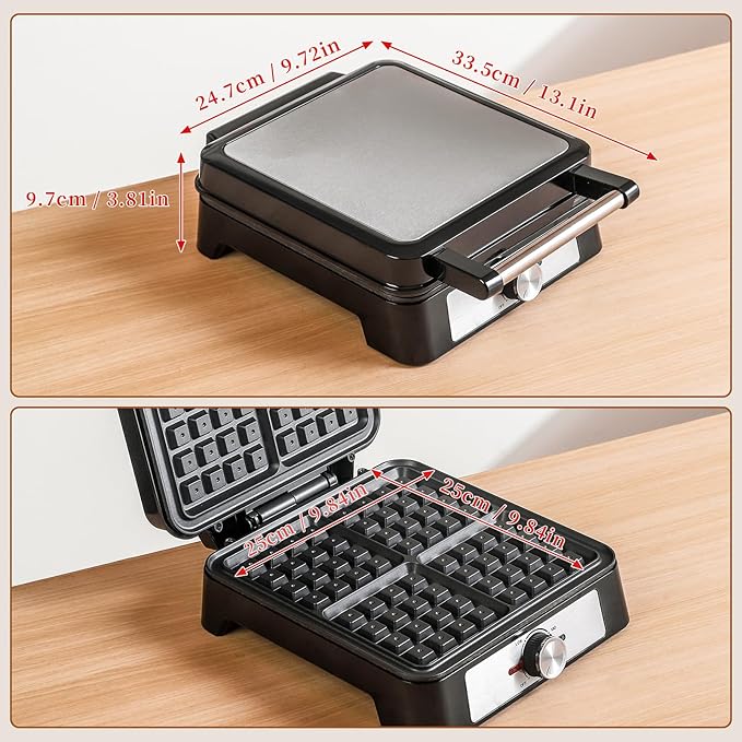 Waffles Maker Waffle Iron, 4 Belgian Square Waffle Maker, Belgian Waffle Maker Thick with Non-stick Plate, Breakfast Waffle Machine Make Waffle in Minutes, 3 Browning Level, 1200W