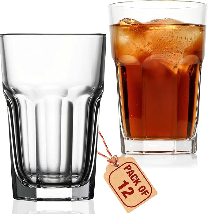 Drinking Glasses Set of 12, 12.5 oz Water Glasses – Durable Glassware for Juice, Milkshake, Coffee Glasses, Beer Glasses, Cocktail Tumblers, Heavy Base, Dishwasher Safe Kitchen & Party Use