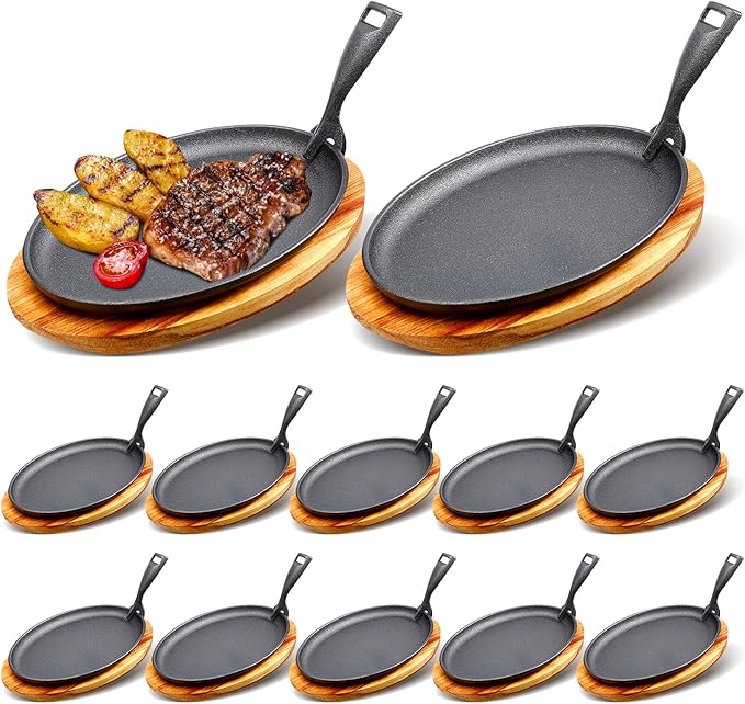 FoldTier 12 Sets Cast Iron Skillet Set 10.63'' x 6.89'' Fajita Plate Sizzling Pan with Wooden Base Anti Scald Protection Removable Handle for Restaurant Kitchen Cooking Accessory BBQ Party