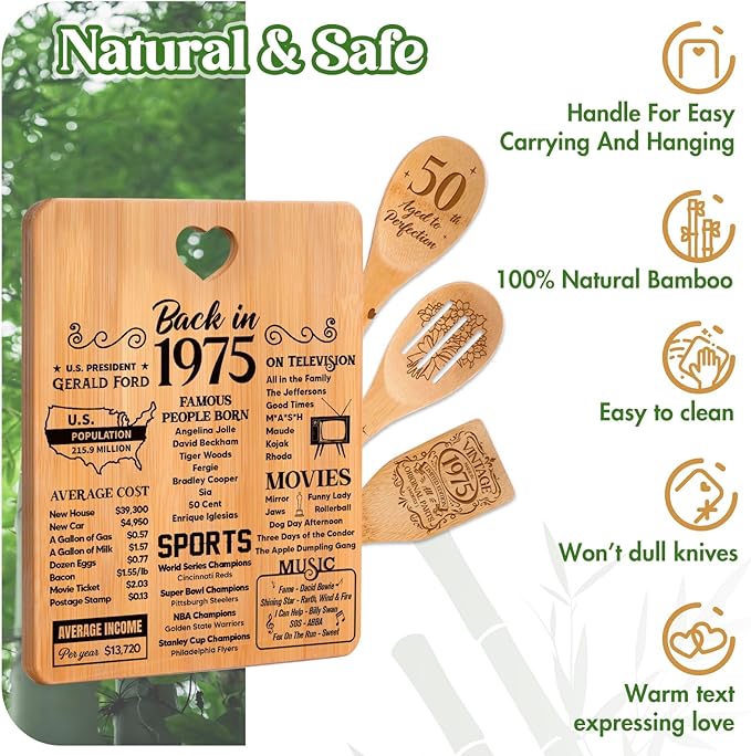 50th Birthday Gifts for Her Him - "Back in 1975" 50th Birthday Gifts for Women Cutting Board, Bamboo-Made Engraved "Year 1975 News" 50th Birthday Gifts