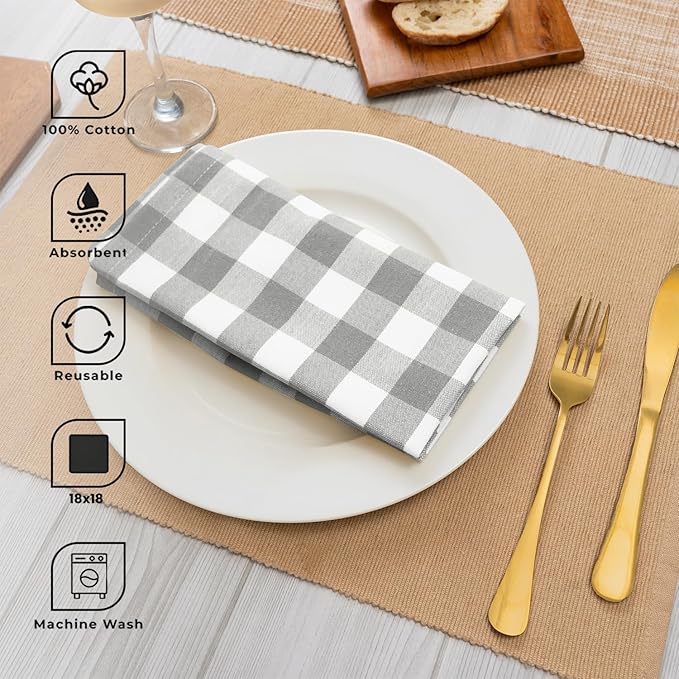 Blue Needles Gingham Buffalo Plaid Cloth Napkins 100% Cotton Set of 12 Dinner Table Napkins 18x18 inch Soft, Reusable, Washable Perfect for Wedding Parties & Everyday Use - Ash Grey & White