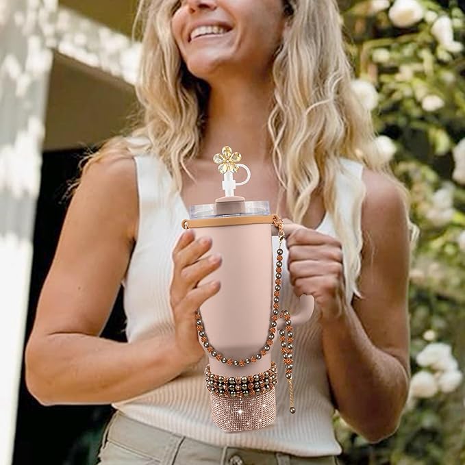 9PCS Brown of Stanley Cup Accessories Set 30/40 OZ Bling Pearl Rhinestones Charms for Stanley Decorations Tumbler Accessories Including Flower Straw Topper, Rhinestones Boot 30/40 OZ