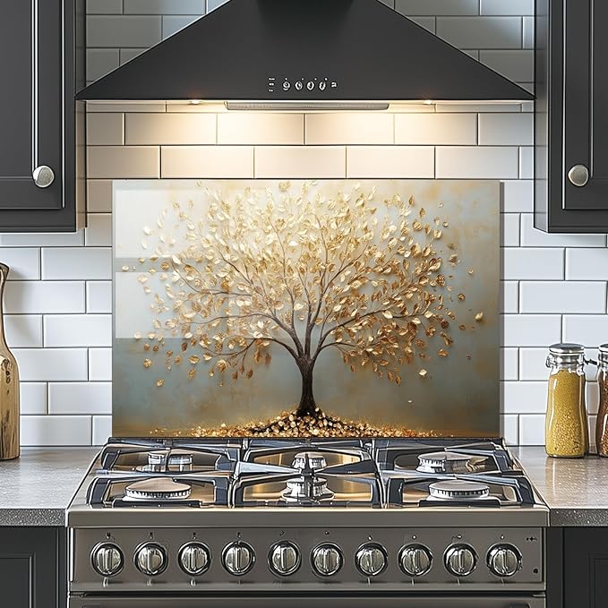 Evgosm Tempered Glass Backsplash for Kitchen, Tree of Life Stove Splashback, Glass Backsplash, Used for Kitchen Wall Protection and Decoration, Easy to Install and Clean. (30x18'')