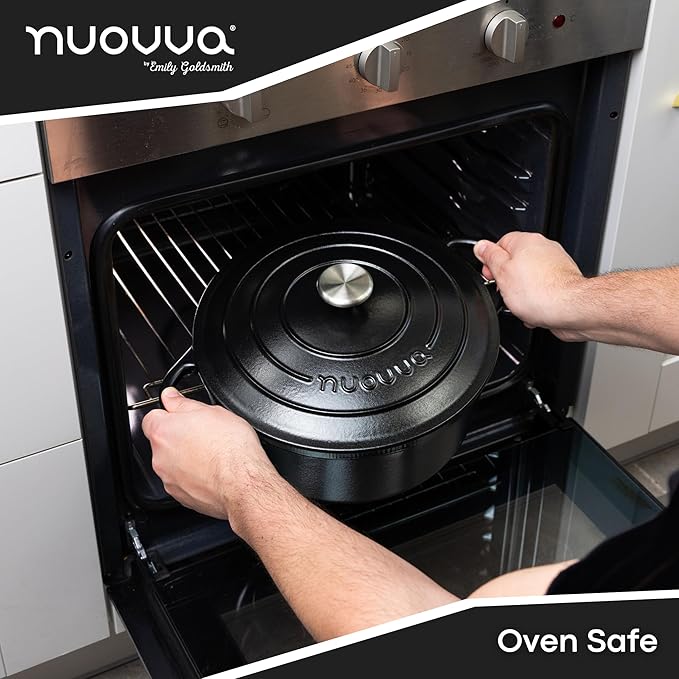 Cast Iron Dutch Oven with Lid – Non-Stick Ovenproof Enamelled Casserole Pot – Sturdy Dutch Oven Cookware – Black, 7.3-Quart, 30cm – by Nuovva