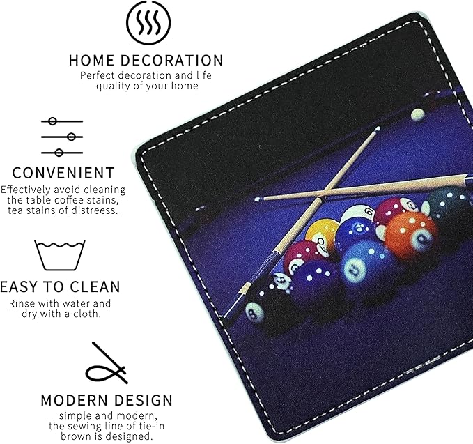 Marble Coasters Square Leather Drinks Coaster Set with Holder for Coffee Table Bar Home Decor 4 Inches Set of 6 (Billiards, One Size)