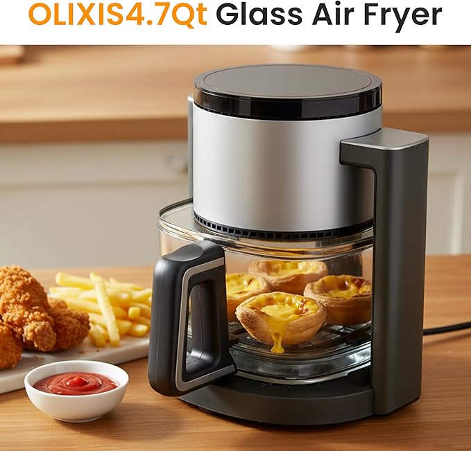 HealSmart 10-in-1 Glass Air Fryer – 4.7QT Non-Toxic Air Fryer with Rapid Air Crisp, Roast Bake Dehydrate Reheat, Nonstick, Easy-Clean | Dishwasher Safe, Bake, Roast, Recrisp