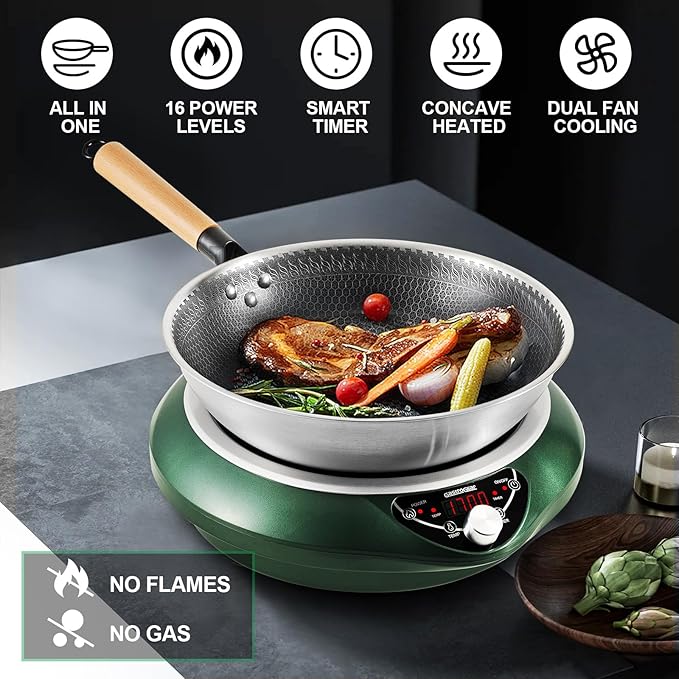 GastroGear Induction Wok Pan Cooktop 1700W (85V~175V) 16 Levels Temperature & Power Control Induction Wok Burner with 18 Hours Timer, Auto-off, Fast & Even Heating Concave Electric Stove (Green)