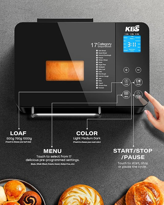KBS 710W 2LB Bread Maker Dual Heaters, 17-in-1 Stainless Steel Bread Machine with Healthy Ceramic Pan, Automatic Nut Dispenser, Tempered Glass Touch Panel, 3 Crust Colors, 15H Timer& Keep-Warm,Recipes