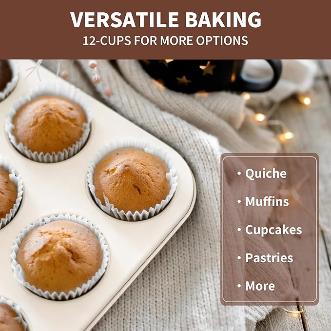 Rixordd 2-Pack Healthy Baking Cupcake Pan| Non Stick 12-Cup Muffin Pan | Durable & Easy Clean Muffin Tin | Perfect for Cupcakes, Muffins (White)