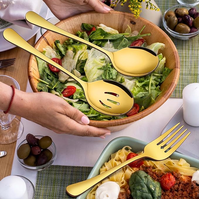 Homikit 6 Pack Serving Spoons Slotted Spoons Forks, 9.8 Inch Stainless Steel Gold Serving Utensils Hostess Set for Catering Buffet Party Banquet Restaurant, Mirror Polish & Dishwasher Safe
