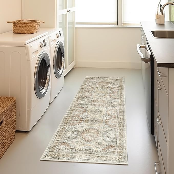 Washable Runner Rugs for Bedroom - 2x6 Runner Rug Non Slip, Ultra-Thin Entryway Runner, Soft Abstract Kitchen Runner for Hallway, Laundry, Bathroom, Indoor Door Mat(2'x6', Brown/Pink)