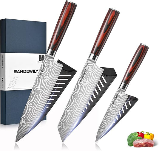 3-Piece Kitchen Knife Set, Japanese Style High Carbon Stainless Steel Chef Knives with Sheaths for Daily Home Use