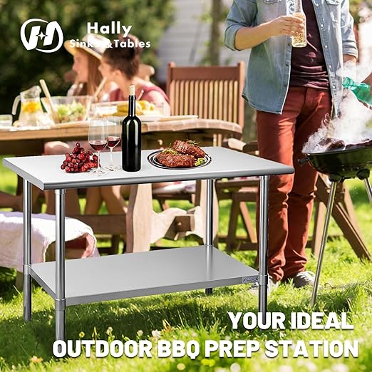 Hally Stainless Steel Table for Prep & Work 30 x 15 Inches, NSF Commercial Heavy Duty Table with Undershelf and Galvanized Legs for Restaurant, Home and Hotel