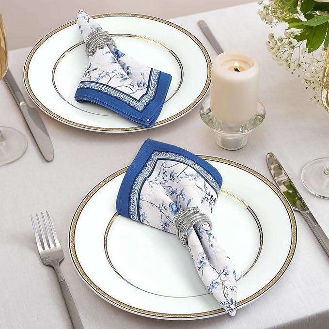 Blue Rose Watercolor Floral Print Cloth Napkins 100% Cotton, 18" X 18" Dinner Napkins Cloth Set, Washable Napkins for Home, Kitchen, Dinner, Party, Wedding, Cocktail, Set of 4