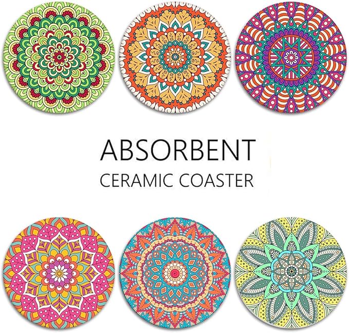 Coaster for Drinks Set of 6, Moroccan Bohemian Mandala Colorful Pink Green Absorbent Round Ceramic Stone Mat, with Cork Base and Metal Holder, Gift for Housewarming Room Bar Decor