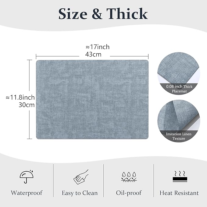 FROMHEART Faux Leather Placemats Set of 6–Waterproof,Heat/Oil Stain-Resistant PU Table Mat–Reversible,Non-Slip,Easy to Clean Place Mats for Kitchen,Dining,Indoor/Outdoor,(Light Blue,11.8" x 17")