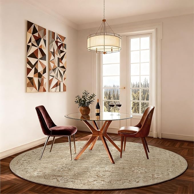 4x4 Round Bedroom Rug Washable: Round Area Rug Stain Resistant Boho Rug Non Slip Low Pile Small Carpet for Living Room Bedroom Kitchen Entryway Bedside Office Dorm Kids Room Entrance