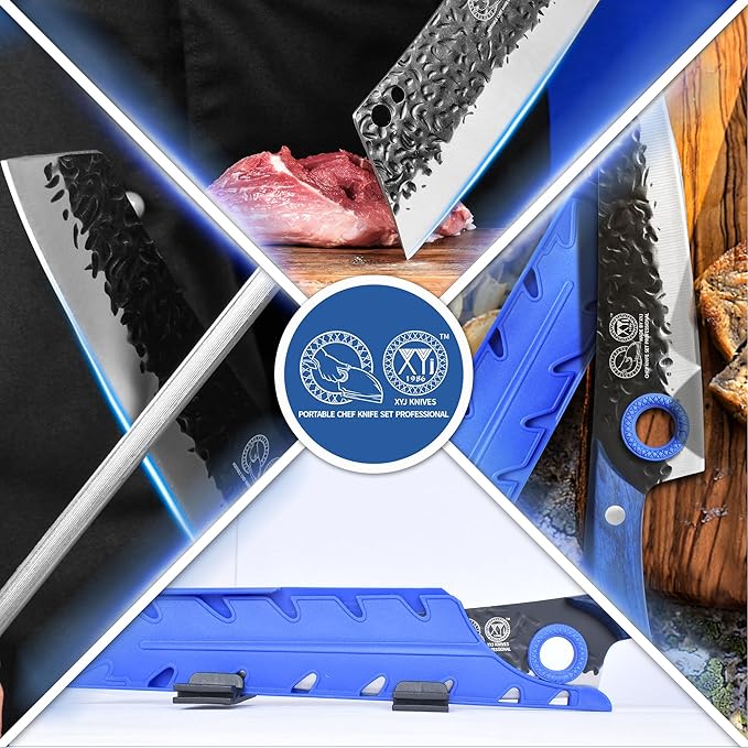 XYJ Professional Kitchen Knife Set with High-Carbon Steel Forged Blades, Chef's Knife, Cleaver, Carving Knife, Nakiri, Full Tang Design, Includes Carrying Bag & Poultry Scissors