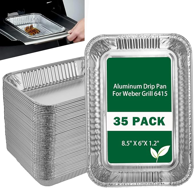 Whaleme 35 Pack Grill Drip Pans Compatible Weber 6415 - Grill Accessories for Weber Spirit, Genesis, Traveler, Q Series, Disposable Aluminum Foil Grease Tray Liners 8.5" X 6"