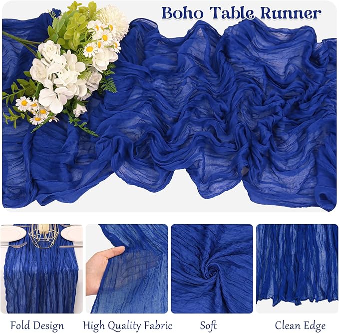 10 Pack Royal Blue Cheesecloth Table Runner 6FT Boho Gauze Fabric Table Runner Vintage Rustic Sheer Runners for Wedding Party Bridal Baby Shower Long Table Decorations