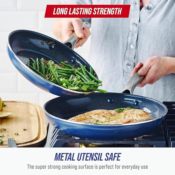Blue Diamond Nonstick Diamond Infused PFAS-Free Ceramic Pots & Pans, Dishwasher & Oven Safe, Stay Cool Handles, Durable Non Toxic Metal Utensil Safe, Blue, 9.5” & 11" Frying Pan Skillet Set