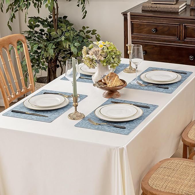 Romanstile Vinyl Placemats Set of 8-12 X 17 Inch - Heat Resistant Non-Slip Embossed Floral Place Mats 100% Waterproof Oilproof Wipeable Faux Leather Table Mats for Kitchen/Dining/Party, SkyBlue