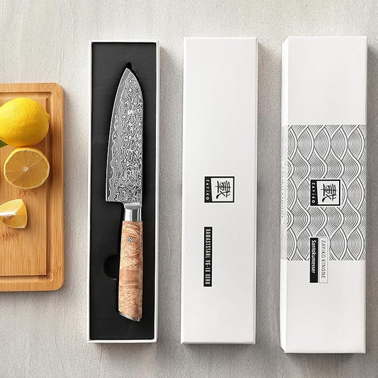 zayiko Kinone Santoku Knife – 6.7-Inch Damascus Kitchen Knife | 67 Layers Damascus Steel with VG10 Core | Ergonomic Birch Root Wood Handle | Professional Chef Knife in Gift Box