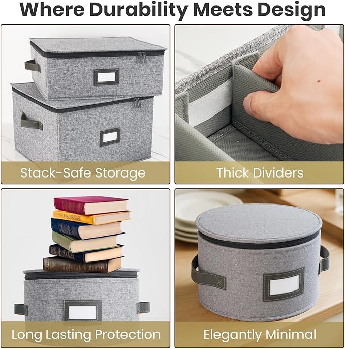 HOMELUX THEORY Plate Storage Box, 2pc 12"x8" Light Gray Hard Shell China Storage Containers, Kitchen Storage Bins With Lids, Heavy Duty Moving Box with Handles for Dishes, Dinner Plate & Dinnerware