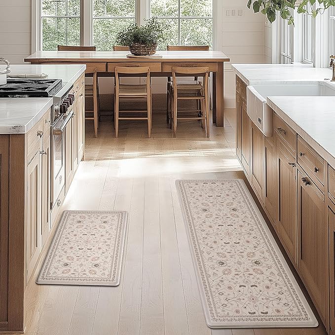 FRESHMINT Kitchen Mats for Floor 2 Piece Set, Waterproof & Non-Skid Vintage Floarl Kitchen Rugs, Cushioned Kitchen Floor Mat for Standing Washable Comfort Desk Kitchen Runners, 17x30''+17x47''
