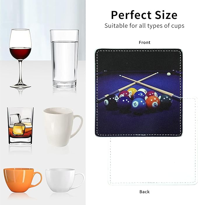 Marble Coasters Square Leather Drinks Coaster Set with Holder for Coffee Table Bar Home Decor 4 Inches Set of 6 (Billiards, One Size)