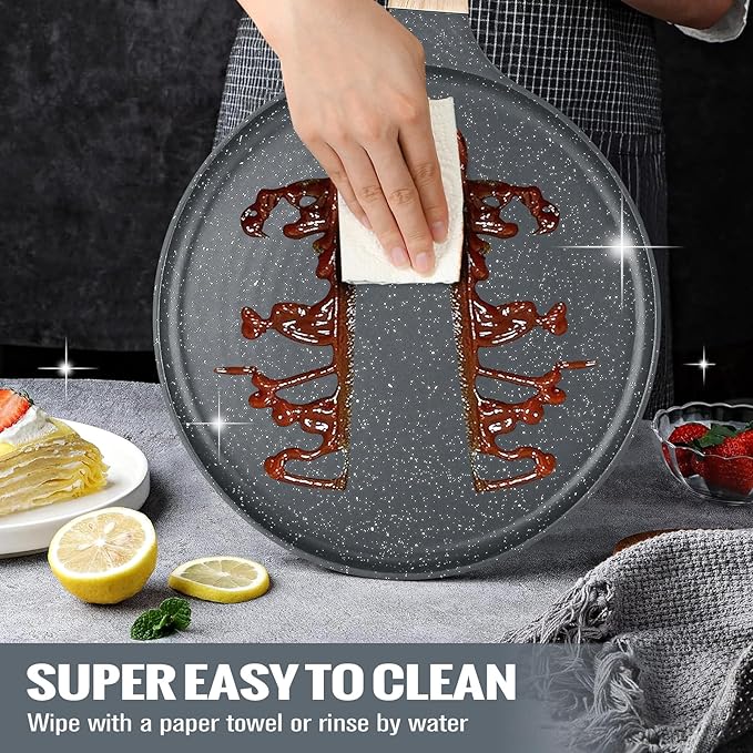 SouxMux Nonstick 9.7-Inch Crepe Pan with Spreader, Ceramic Coated Dosa Tawa Pan, Induction Compatible Flat Skillet for Pancakes, Omelettes, and More with Cool Handle, PFOA Free
