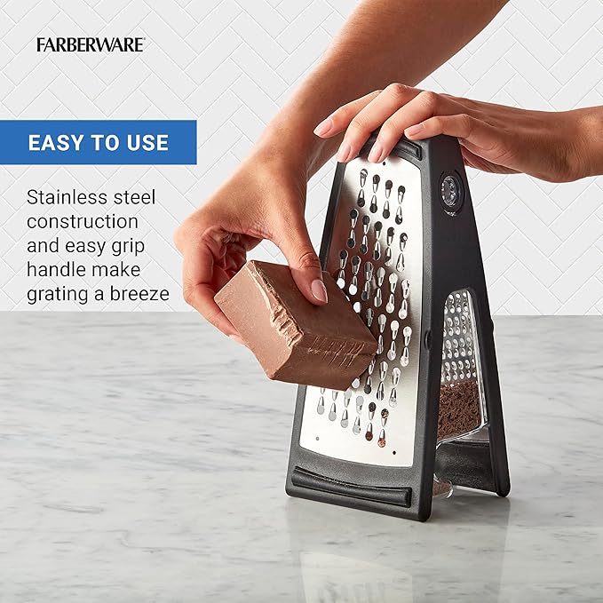 Farberware Professional Stainless Steel Grater with Container, Coarse and Fine Blades, Nonslip Base, Easy-Grip Handle, Dishwasher Safe