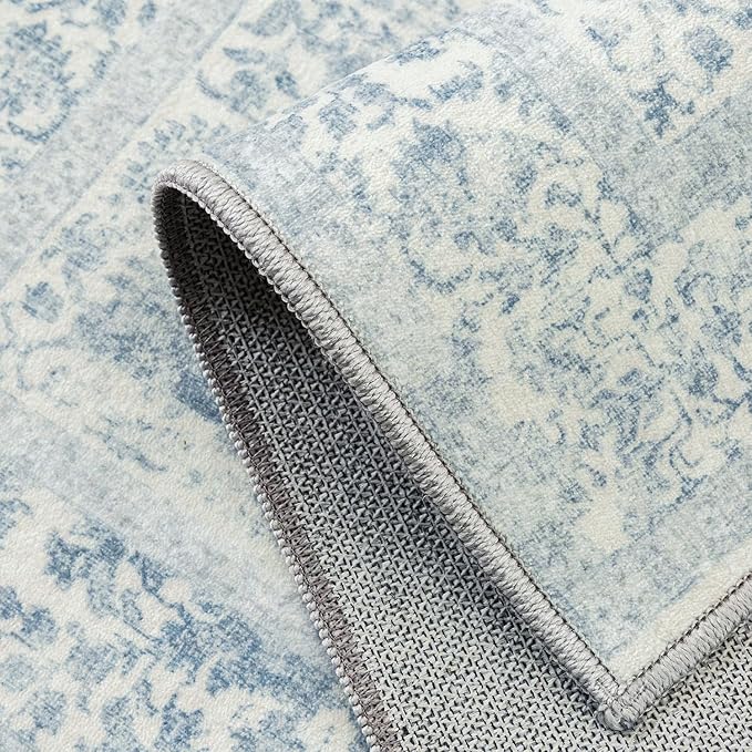 Blue Runner Rug 3x14 Hallway Machine Washable Kitchen Vintage Distressed Non Slip Long Carpet Indoor Retro Floral Bedroom Accent Throw Rug for Bathroom Office Laundry Dining Living Room