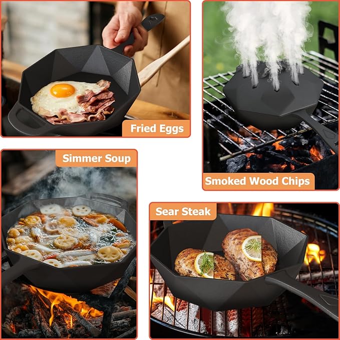 Aurionix Cast Iron Skillet with Lid Pre-seasoned Cast Iron Pans, Smoker Box for Open Fire, Oven, Stovetop, Grill Safe Cookware Set +Scraper/Cleaner+Silicone Anti-Scalding Gloves