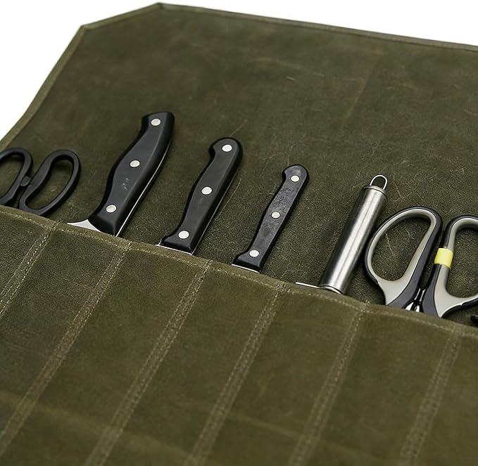 ZHQZZPH Waxed Canvas Chef Knife Roll Bag | Multi-Slot Protector Professional Organization for Kitchen Tools & Cutlery - Secure Blade Holder Travel Pouch & Multi-Purpose Storage Case