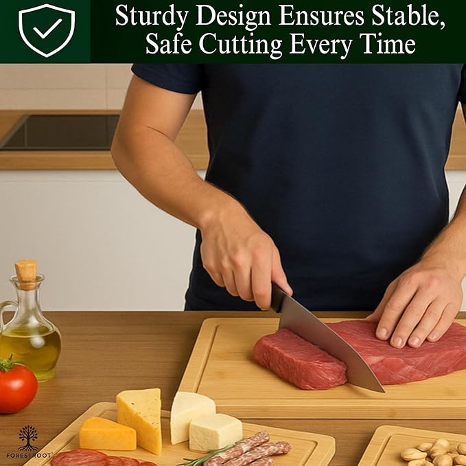 Forestroot Bamboo Cutting Board Set – 3-Piece Wooden Kitchen Boards for Meal Prep & Serving – Durable Bamboo with Deep Juice Groove & Side Handles – Great for Meat, Vegetables & Charcuterie