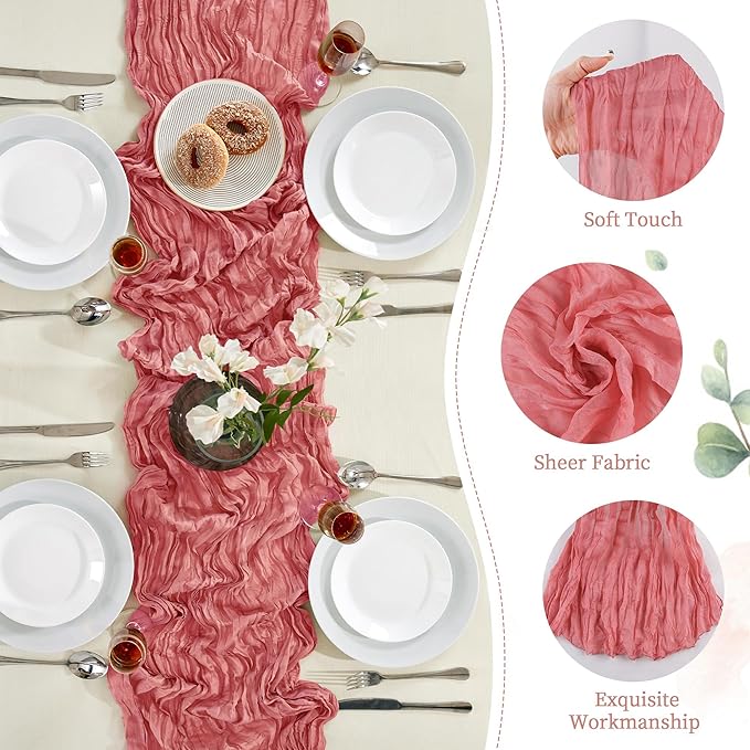 6 Pack Rose Valentine's Day Cheesecloth Table Runner 10FT Long Boho Gauze Table Runner Rustic Sheer Runner for Wedding Bridal Baby Shower Birthday Party Table Decor Thanksgiving Decorations