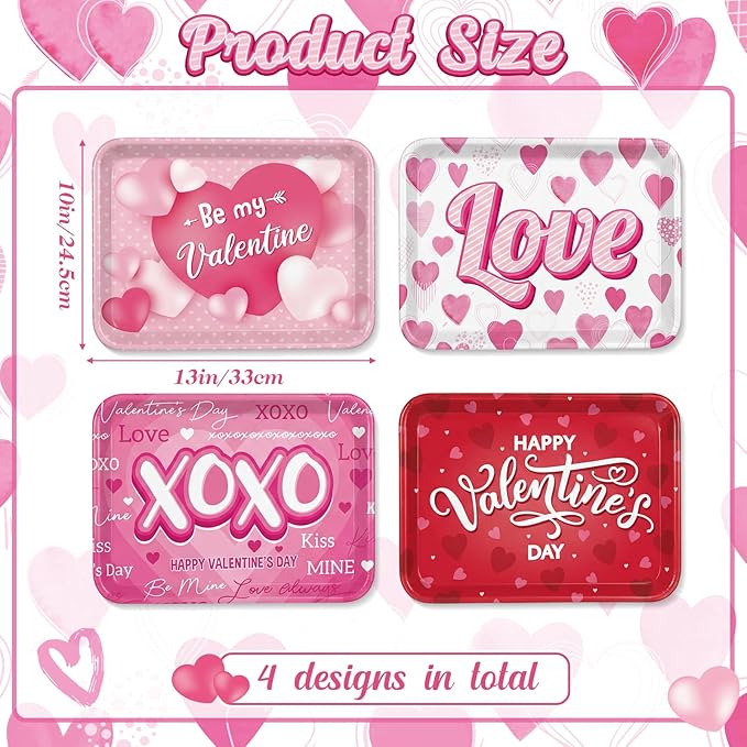 Vesici 4 Pack Valentine's Day Melamine Serving Trays, 13x10 Large Rectangular Platters for Party Food, Shatterproof Heart Cookie Plates for Appetizers, Romantic Dinner & Galentine's Kitchen Decor