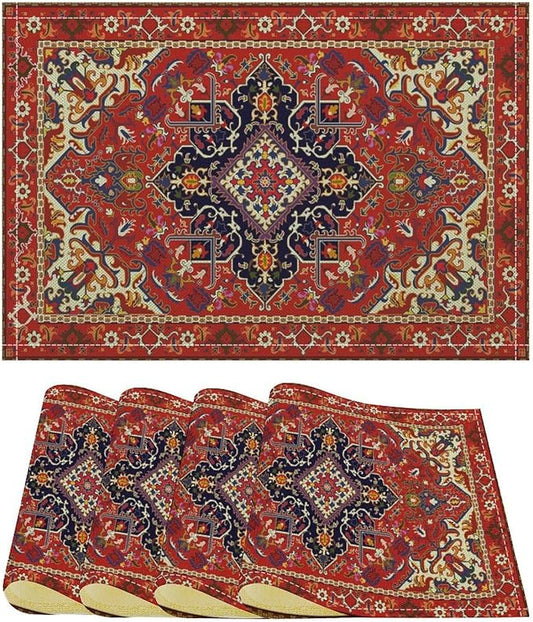 Boho Tribal Ethnic Placemats Rustic Farmhouse Retro Red Floral Art Printed Dining Table Mats Set of 4 for Restaurant Home Kitchen Holiday Picnic Party Decor 12x18in