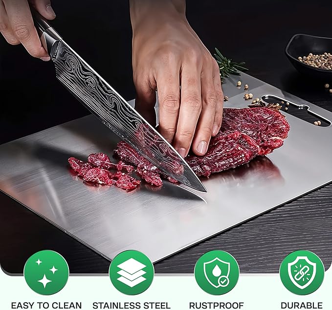 Stainless Steel Cutting Boards for Kitchen - 304 Stainless Steel Food Grade, Double-Sided Non Toxic Cutting Board, Metal Chopping Boards for Meat, Fruit, Vegetables, Easy to Clean, M 13.4“ * 9”