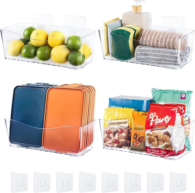 4-Pack Large Cabinet Door Organizer, Wall Mounted Kitchen Cabinet Door Storage, Space Saving, Drain Bottom, Adhesive Clear Plastic Storage Bins for Pantry, Refrigerator, Countertop, Under Sink, rv