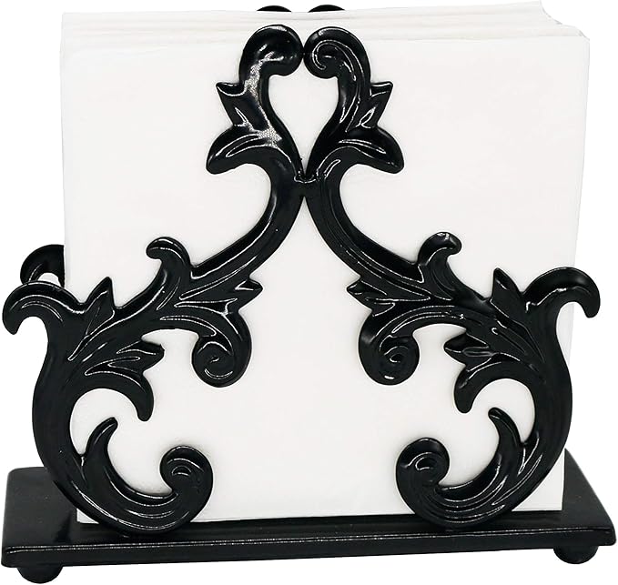 Owlgift Baroque Black Napkin Holder – Decorative Metal Tissue Rack for Tabletop, Mail, or Bill Organizer – 6 x 2 x 5.3 Inches, Glossy Finish for Home or Restaurant Use