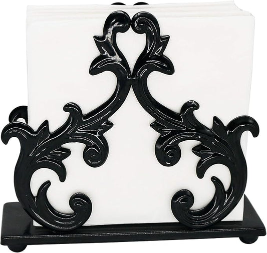 Owlgift Baroque Black Napkin Holder – Decorative Metal Tissue Rack for Tabletop, Mail, or Bill Organizer – 6 x 2 x 5.3 Inches, Glossy Finish for Home or Restaurant Use