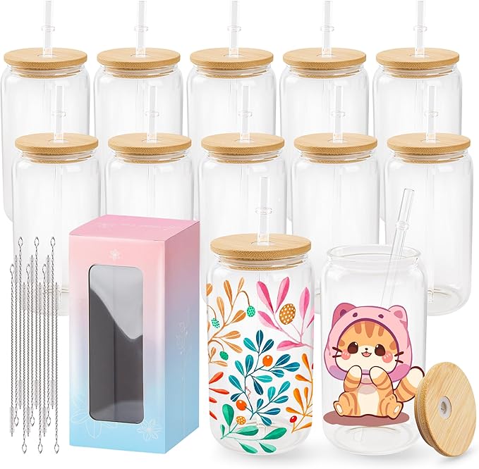 Joyclub 12 Pack Sublimation Glass Cups with Lids and Straws 16oz, Clear Sublimation Glass Tumbler Blanks Beer Can Shaped Mugs for Iced Coffee Smoothie Soda Boba Tea Cocktail Gift