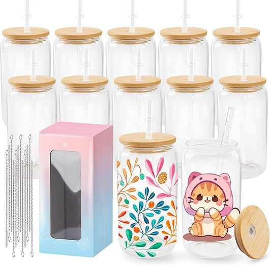 Joyclub 12 Pack Sublimation Glass Cups with Lids and Straws 16oz, Clear Sublimation Glass Tumbler Blanks Beer Can Shaped Mugs for Iced Coffee Smoothie Soda Boba Tea Cocktail Gift
