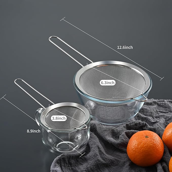 Fine Mesh Sieve Strainer Set, Stainless Steel, 6.3 and 3.94 Inch, with Grip Handles for Kitchen, Food Sifting, Noodles, Rice