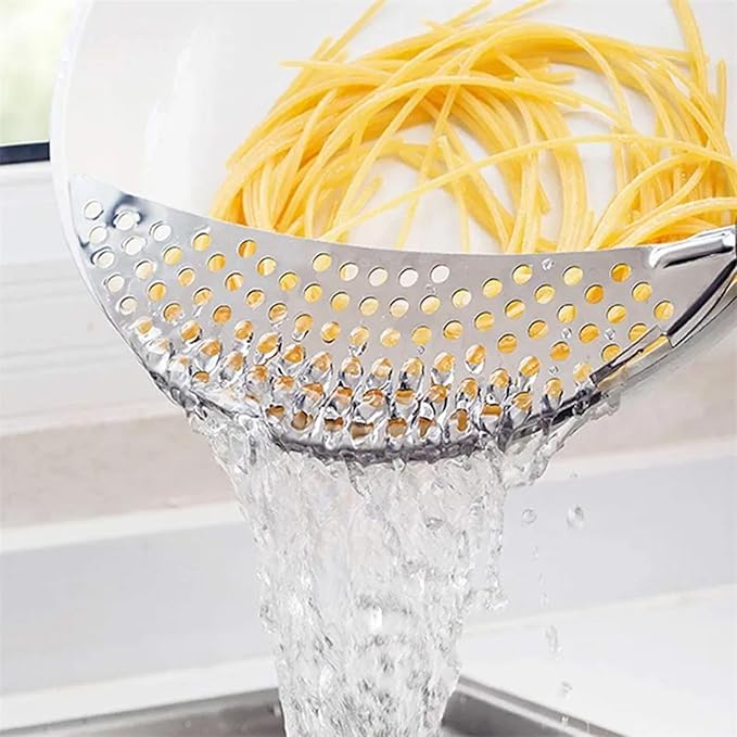 Pack of 2 Held Crescent Drainer Pan Pot Strainer with Handle Stainless Steel Hand for Spaghetti Fry Noodles Fruit Vegetable Pasta Strainer Colander Heavy Duty Food Drainers