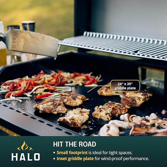 HALO Elite2B Outdoor Griddle | 2 Burner, 4 Cooking Zones | Portable with Warming Rack | 480 sq. in. (24″ x 20″) Wind-Proof Cooking Surface | Propane and Natural Gas Grill | HZ-1003-XNA