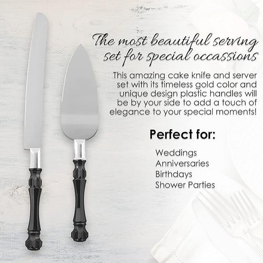 Homi styles Black Cake Knife and Server Set, Cake Cutter and Pie Spatula, Cake Server and Knife Set of 2 with Non-Slip Swirl Grip, Matte Black Cake Cutting Set for Wedding Cake, Birthdays, and Parties