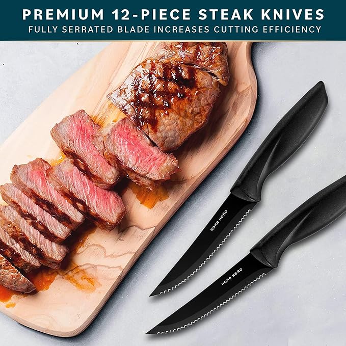 Home Hero Steak Knives Set of 12 - High-Carbon Stainless Steel Blades - Razor-Sharp Serrated Knives - Black Ergonomic Handles - 12 Pcs, Black